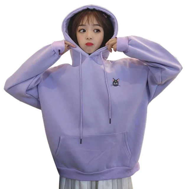 Harajuku Sweatshirt Korean Kawaii Girls Autumn Winter Sailor Moon Luna Cat Embroidery Hoodies