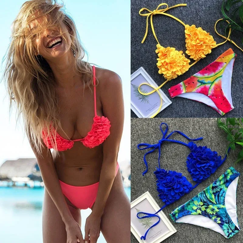 

Minimalism Le Floral Swimwear Bikinis Women Print Swimsuit Sexy Halter Top Beach Wear Mini Micro Bathing Suit New 2019 Biquini