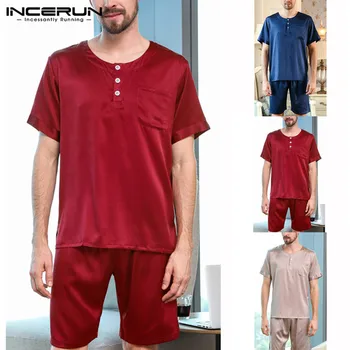 

INCERUN Silk Satin Men Pajamas Set Summer Short Sleeve Tops Sleepwear Suit Soft Shorts Homewear Pyjamas Set Nightgown 2020 S-5XL