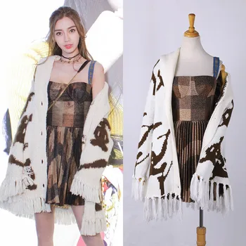 

Winter and spring knitted tassel sweater loose knitted cardigan coat and sling dress two-piece women's suit 17106