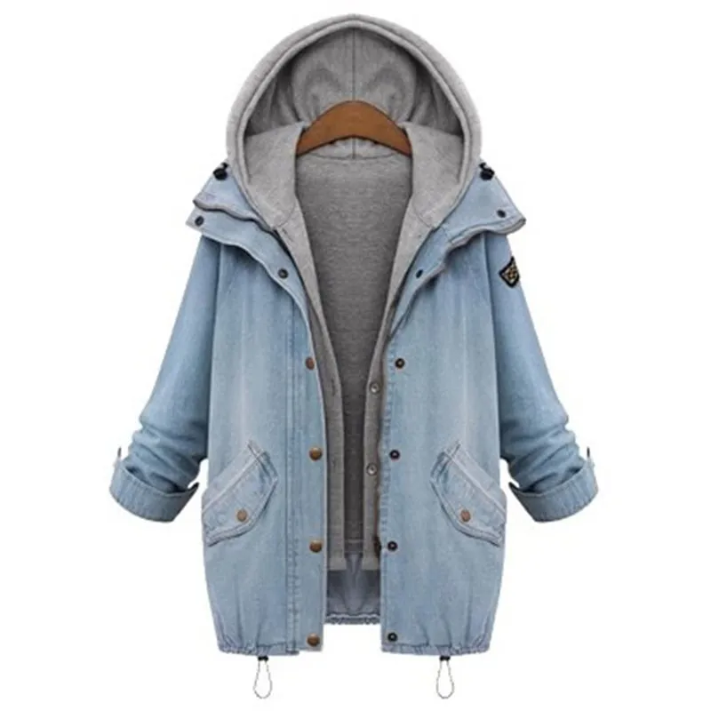 Autumn Hooded Jeans Jacket Solid Long Sleeve Single Breasted Denim Jacket Loose 2 Pieces Casual Cowboy Jeans Coat Streetwear
