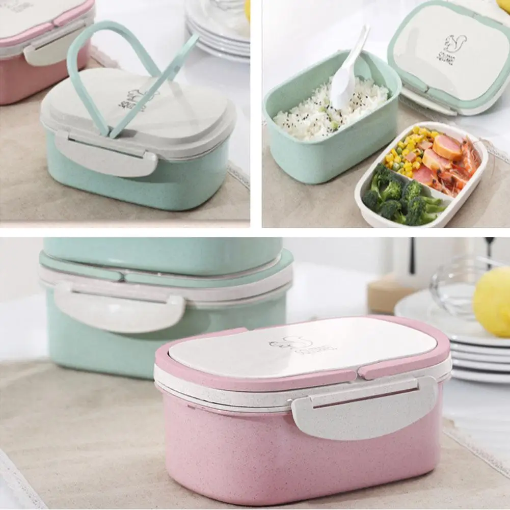 

Portable Double Layer Wheat Straw Lunch Box Office Lady Student Work School Picnic Bento Box Lunchbox Food Container w/ Handle