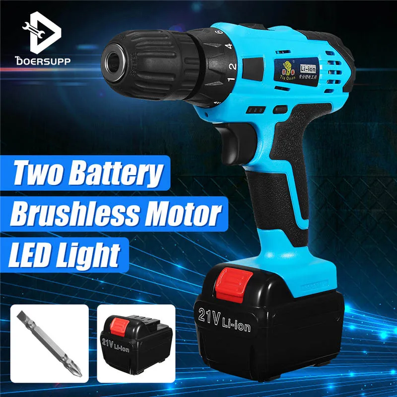 

21V Electric Cordless Brushless Drill Household Lithium-Ion Battery Driver 2 Speed + 2 x Li-ion Battery Screwdriver Power Tools