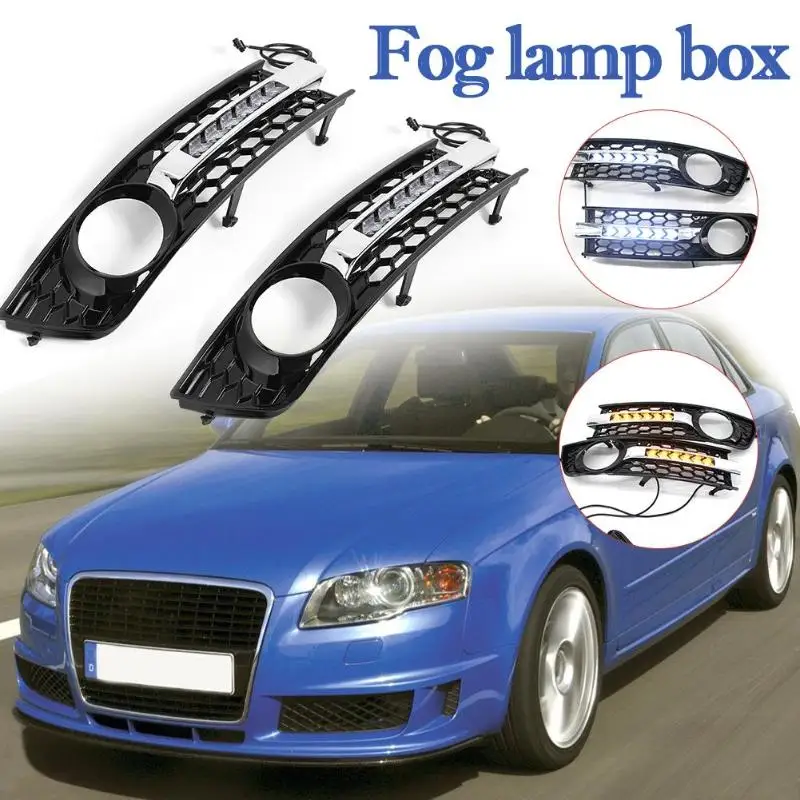 

VODOOL 2Pcs Front Bumper Fog Light Grilles Cover Flowing LED Amber Turn Signal Lamp White DRL Daytime Running Light For Audi A4