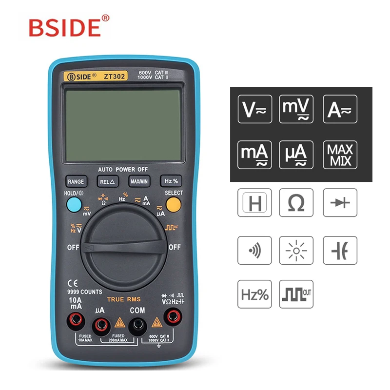 

BSIDE ZT302 Digital Multimeter True RMS 9999 Counts Multifunction AC/DC Voltage Temperature Capacitance Tester DMM