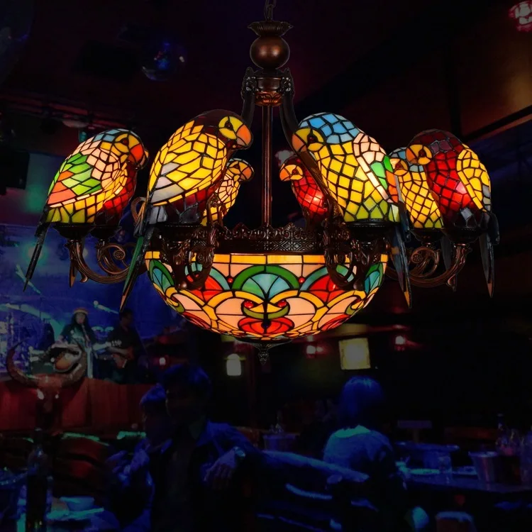

Tiffany Baroque Parrot Stained Glass Suspended Luminaire E27 110-240v Chain Pendant Lights For Home Parlor Dining Room