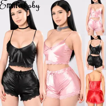 

2pcs Women Sexy Satin Lace Sleepwear Babydoll Lingerie Nightdress Pajamas Set