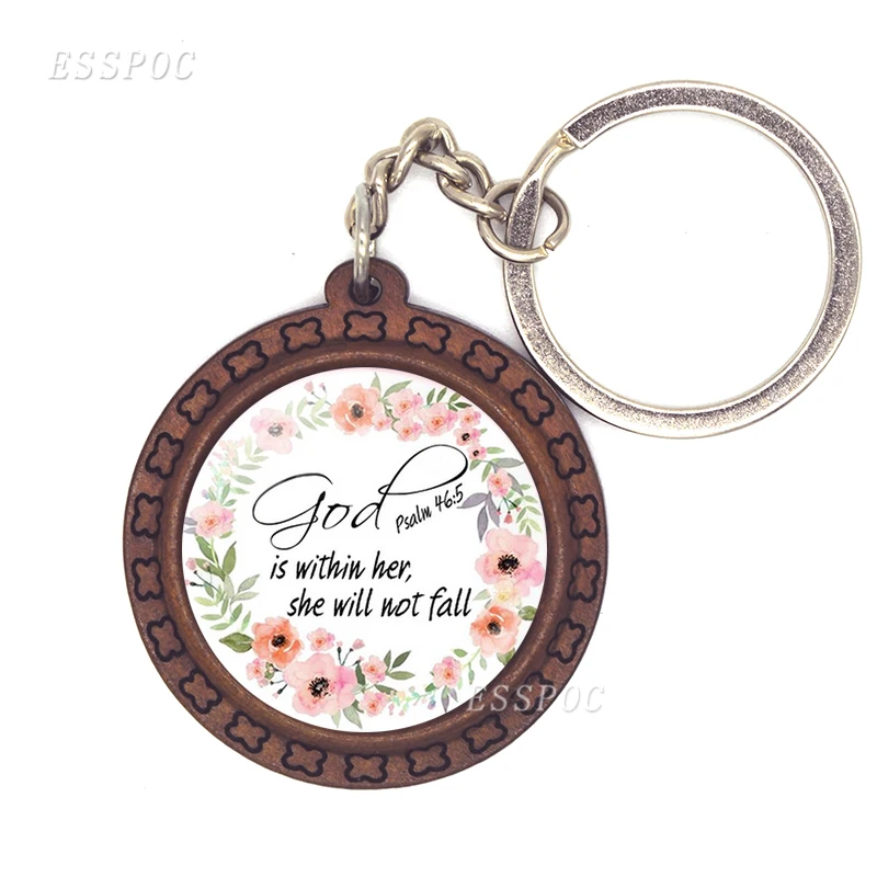 

Bible Verse Pendant Wooden Key Chain Psalm Art Picture Glass Dome Keychain Keyring Christian Gift