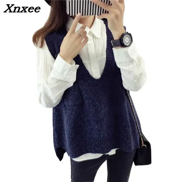 

2018 Spring Autumn Wool Sweater Vest Women Sleeveless V-Neck Knitted Vests Long Sections Poullover Vest Female Jumper pull femme