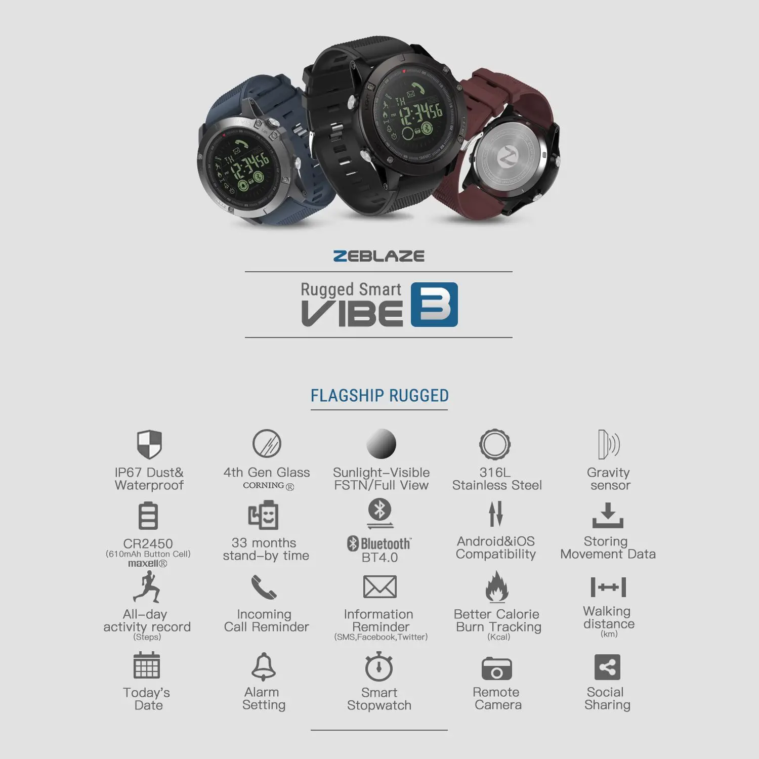 Zeblaze VIBE 3 Умные наручные часы телефон сигнализация mate Водонепроницаемая камера IOS