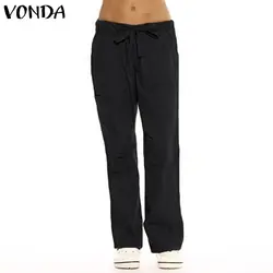 2019 VONDA Женские брюки повседневные Looae однотонные расклешенные брюки винтажные карманы ремни мешковатые брюки женские осенние большие
