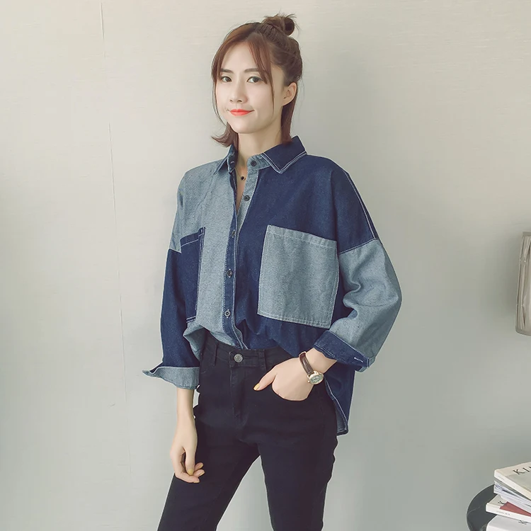

2018 fashion denim color women's clothing full sleeve loose plus size shirt blouse patch work beggar tops blusas