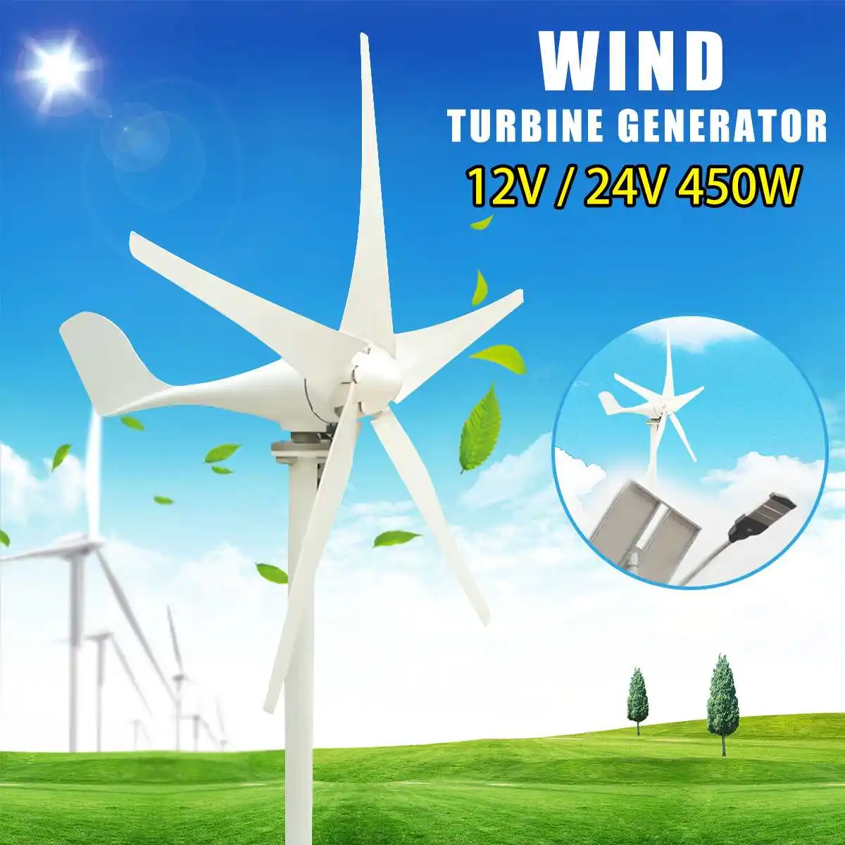 

Wind Generator 450W 12/24V Wind Turbines Generator 5 Blades Windmill Miniature for Home Camping with Controller