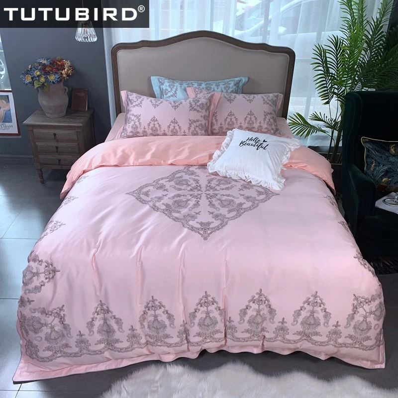 

Luxury Egyptian cotton pink bed set high quality European Style girls bedding linen with duvet cover bedspread 2 pillowcases