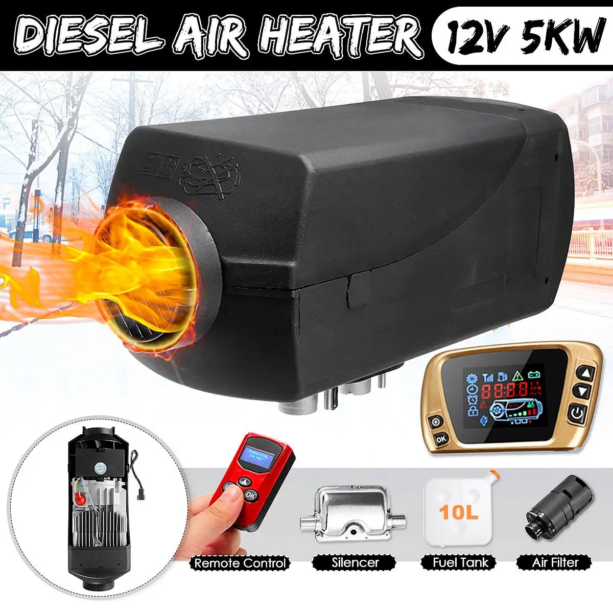 

12V 5000W LCD Monitor Air Diesels Fuel Heate 5KW For Boats Bus Car Heater With Remote Control 10L Tank and Silencer For free