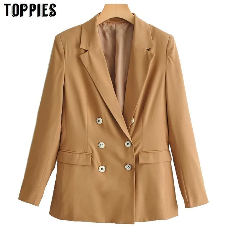

2019 Spring Summer Small Suit Jacket Office Lady Double Breasted Khaki Blazer Notched Collar Leisure Coat