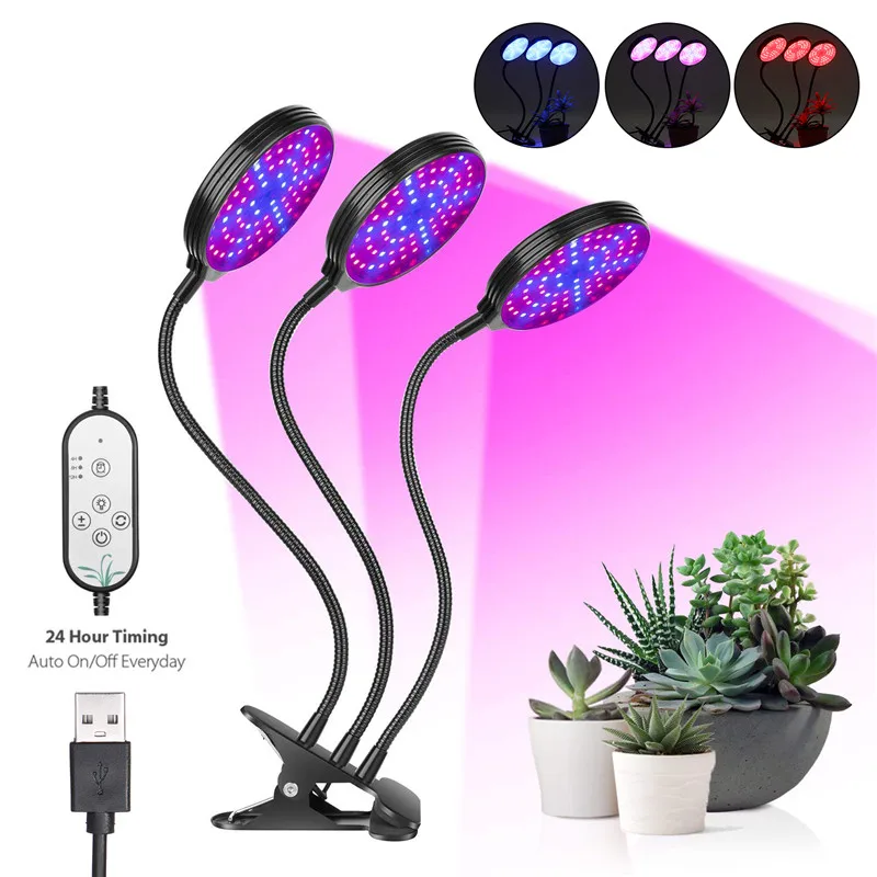 

45W High Power 78LEDs LED Grow Lights Three Head USB Power Supply Timing Dimmable Belt Clip Plant Growth Lamp DC5V Waterproof