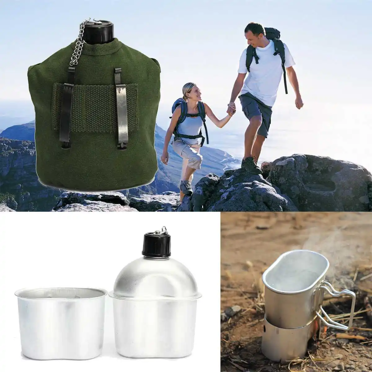 

2L Military Aluminum Stainless Steel Water Bottle Canteen Cup + Army Green Cloth Cover Outdoor Sport Camping Picnic tableware