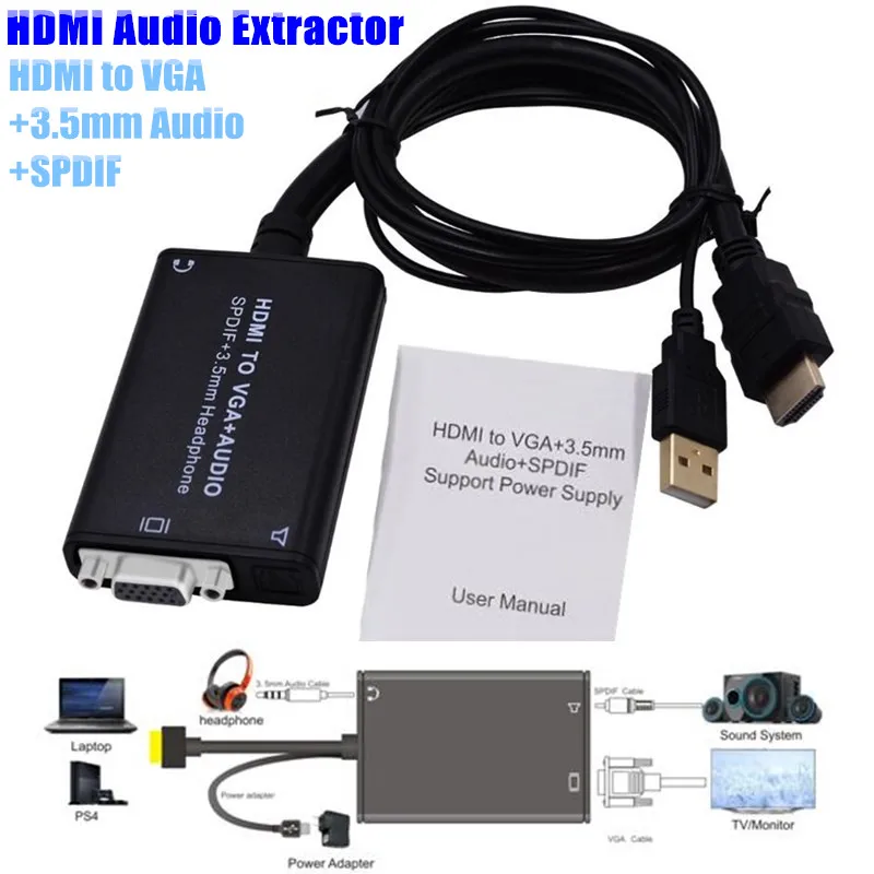 2018 Новый HDMI конвертер VGA адаптер + 3 5 мм аудио волоконно оптический звуковой