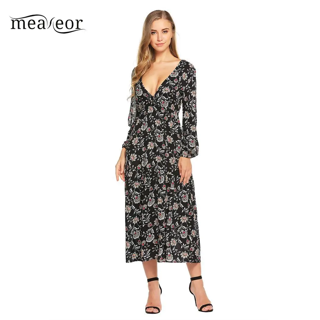 Meaneor Women Long Dress Vintage Print Beach Bohemian Deep V Neck Split