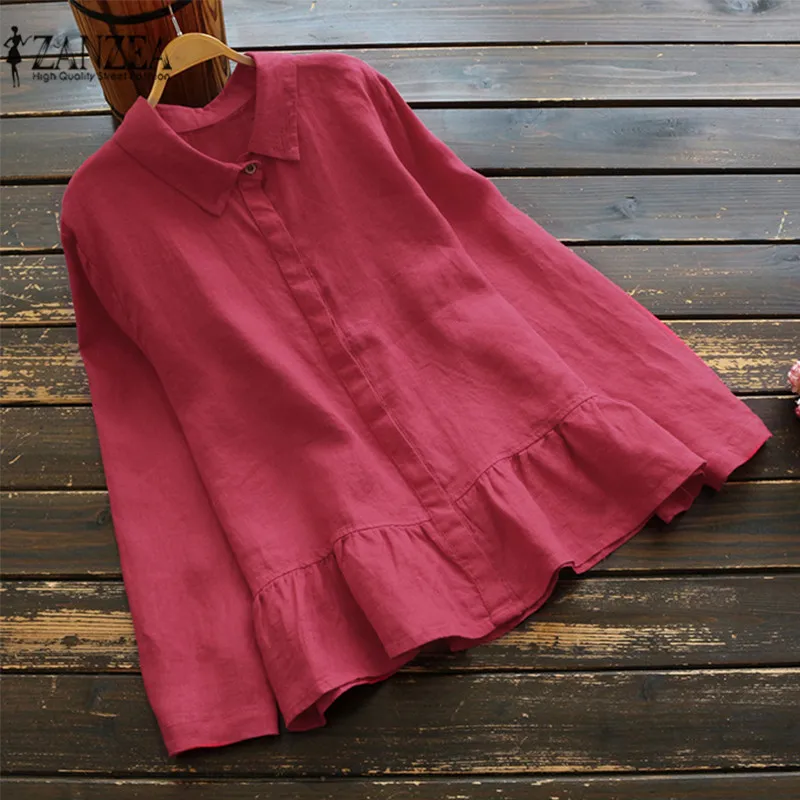  Plus Size ZANZEA Vintage Women Spring Long Sleeve Ruffles Blouse Cotton Linen Shirt Casual Solid To