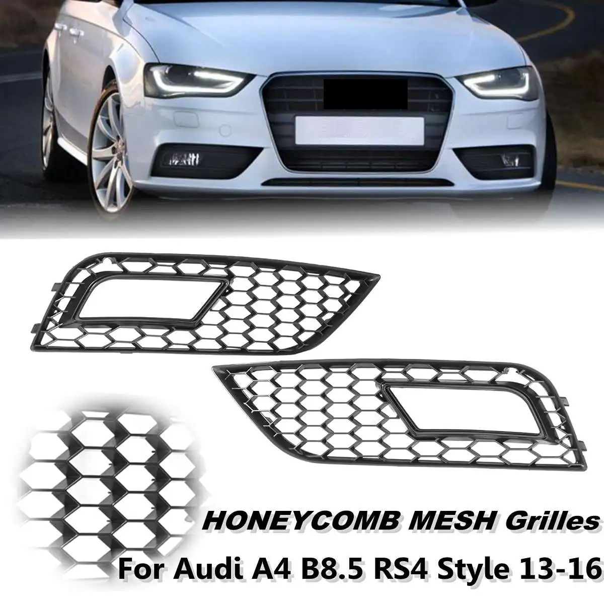 

For Audi A4 B8.5 RS4 Style 13-16 Pair Left & Right Gloss Black Mesh Fog Light Grid Grilles Car Styling Racing Grills