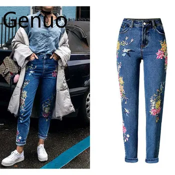 

New Fashion Clothes Women Denim Pants Straight Long Jeans Pants 3D Flowers Embroidery High Waist Ladies Jeans Trousers