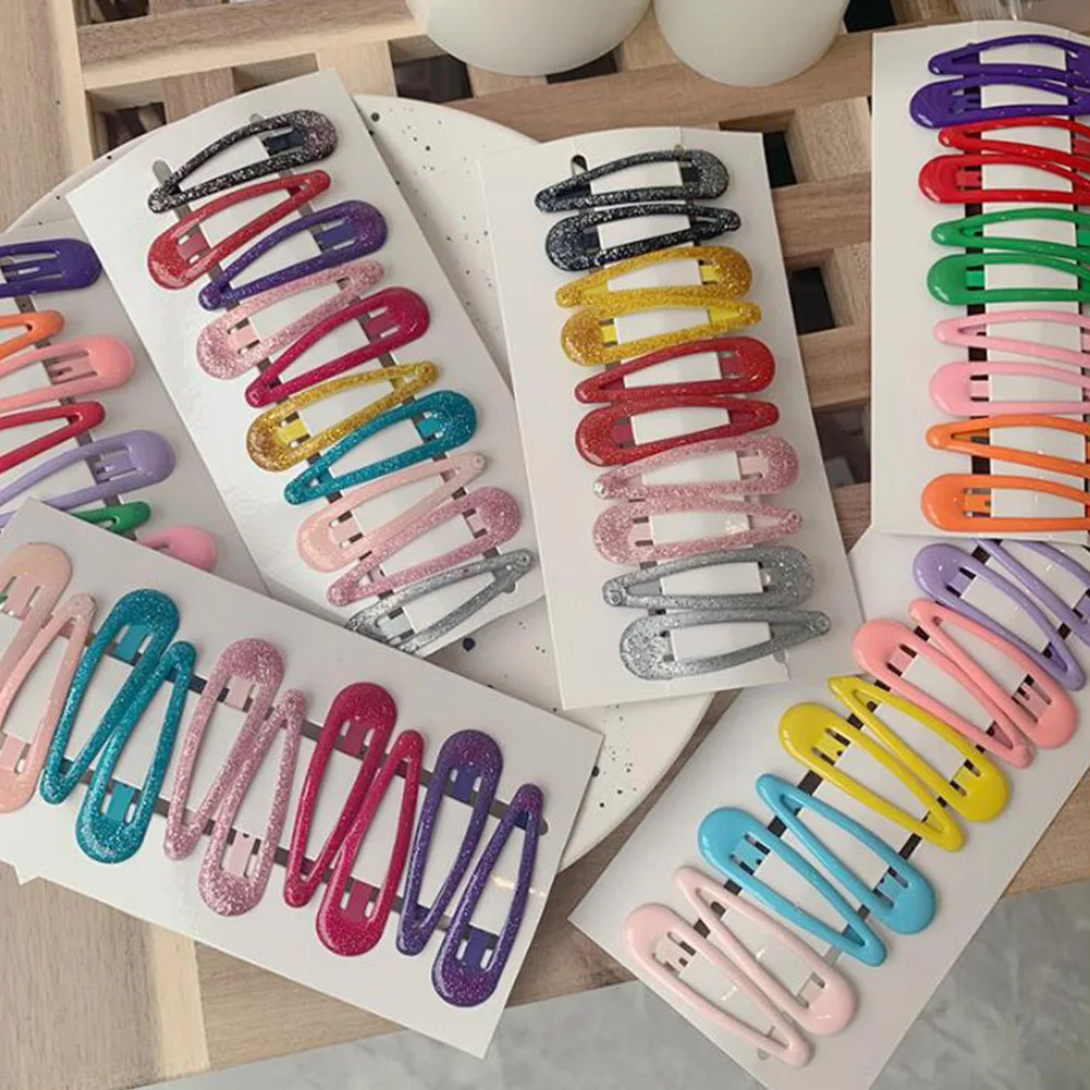 

10Pcs Snap Hair Clips For Children Girls Glitter Hairpins 5cm Solid Color Water Drop Shape BB Clips Barrettes Hair Accessories