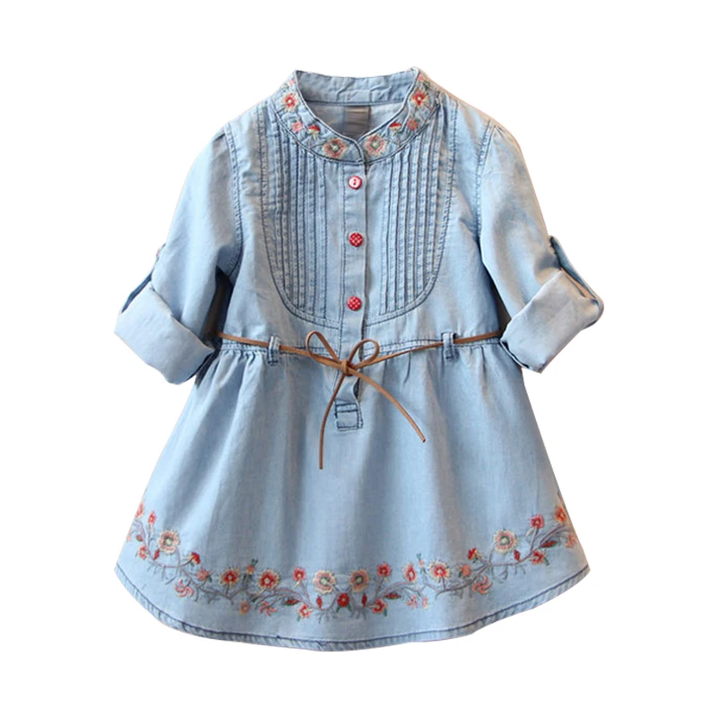 2018 Spring Autumn 3-12 Ages Kids Embroidery Flower Long And Short Sleeve Double Use Denim Blue Elegant Dress For Girl With Belt | Детская