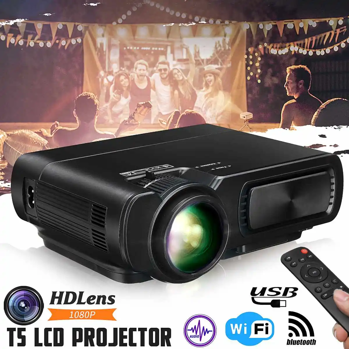 Mini Projector T5 LCD 7000 Lumens 1080P Full HD Wifi bluetooth Home Theater Android 6.0 Audio Speaker Home Theater Cinema