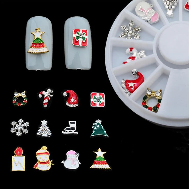 

12Pcs Nail Art Decoration 3D Tips Christmas Alloy Jewelry Glitter Rhinestones Slice Stickers Decal Foil Wheel DIY Manicure Tools