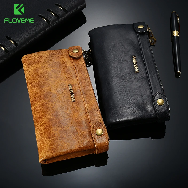 

FLOVEME Universal Genuine Leather Zipper Wallet Case For iPhone X 8 Plus 7plus 6 6s 5 5.5 inch Card Slot Phone Bag For Man Women