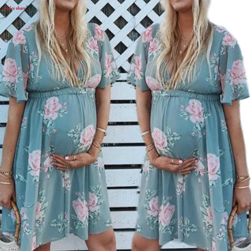 

Summer Pregnant Dress Women Clothing Short Sleeve V Neck Floral Printed Maternity Dresses Plus Size Pregnant Clothes