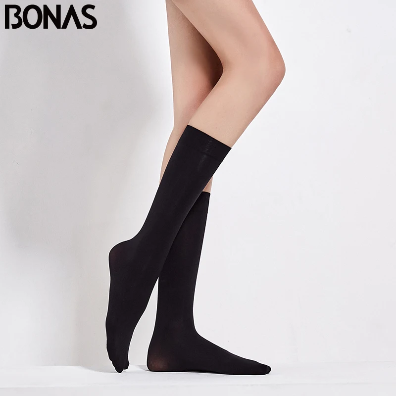 

BONAS Women Stockings 70D Lower Leg Knee Female Transparent 2pairs Stocking Thin Long Solid Women Girls Stocking Polyestey Plus