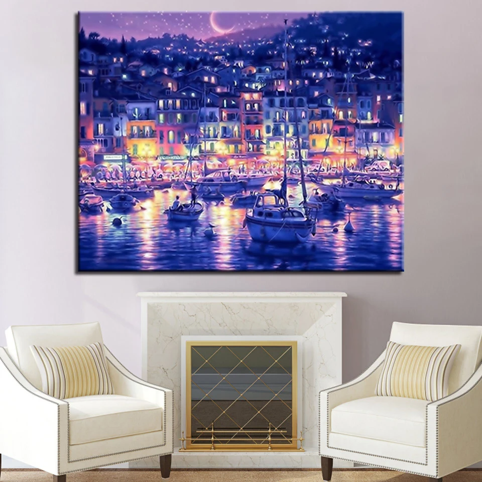 

Silent Harbor Night Scene Picture By Numbers DIY Painting Kits Hand Paited On Linen Canvas Home Decorative Wall Unique Gift