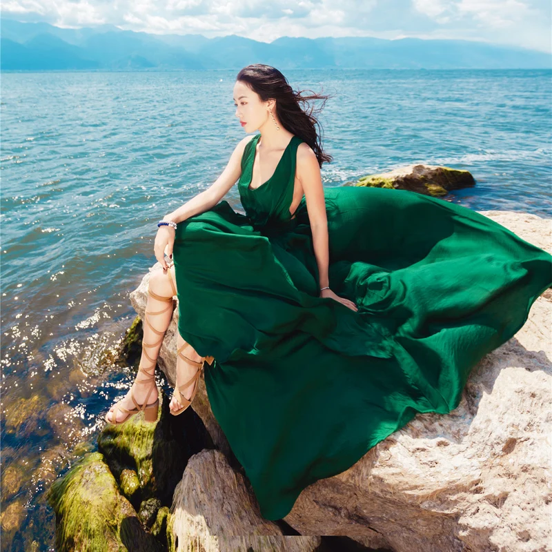 Vestido de Verano elegante para Mujer, largo, Vintage, Ropa Mujer Verano 2018, Vestidos Largos, cruzado, Sukienki, Vestido de playa verde Vestido de Verano elegante para Mujer, largo, Vintage, Ropa Mujer Verano 2018, Vestidos Largos, cruzado, Sukienki, Vestido de playa verde