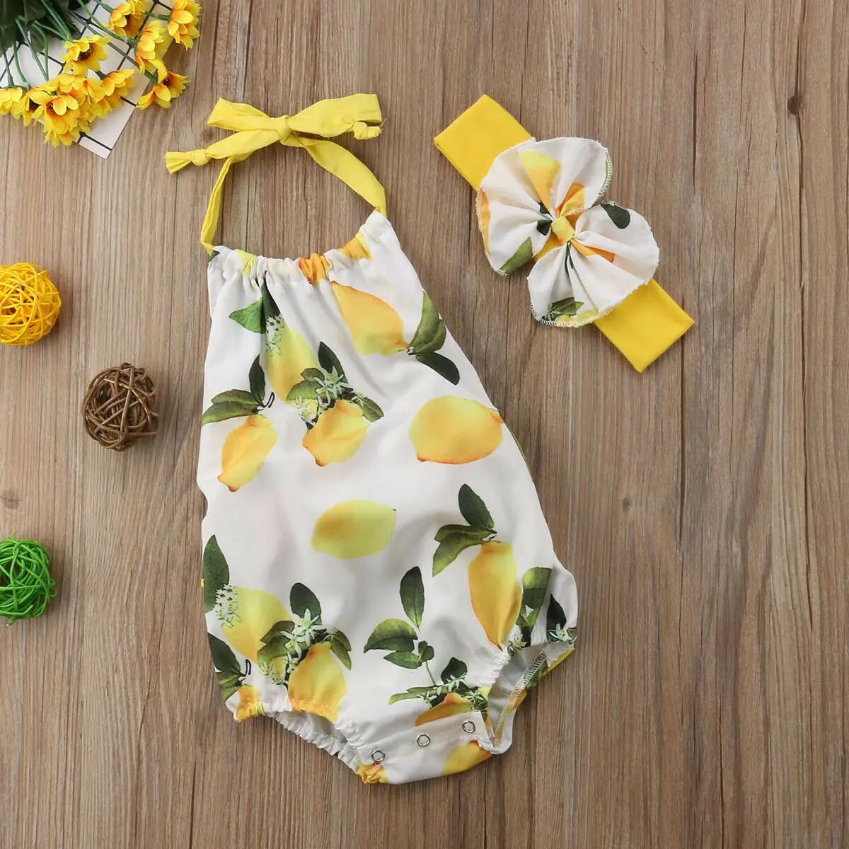 Newborn Kids Baby Girl Lemon Print Romper Jumpsuit Bodysuit +Headband Outfit