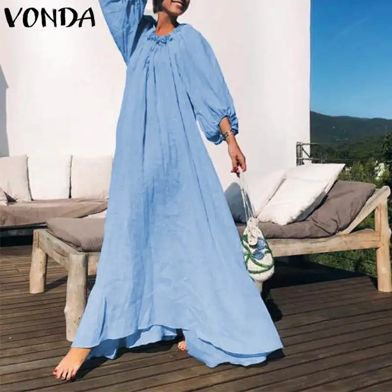 

VONDA Women Maxi Long Dress 2019 Autumn Pregnant Lantern Sleeve Casual Loose Swing Ankle-length Plus Size Maternity Vestidos 5XL