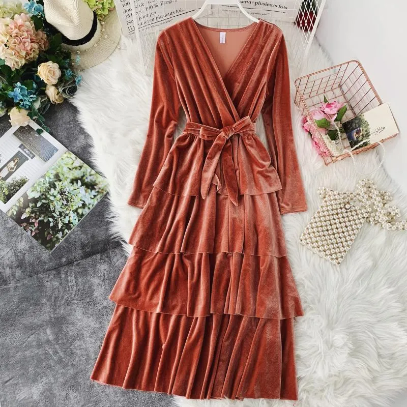 

Spring Female Pure Velvet Deep V-Collar Long Sleeve Ruffles Layer Ball Gown Dress Women Elegant Tiered Dresses