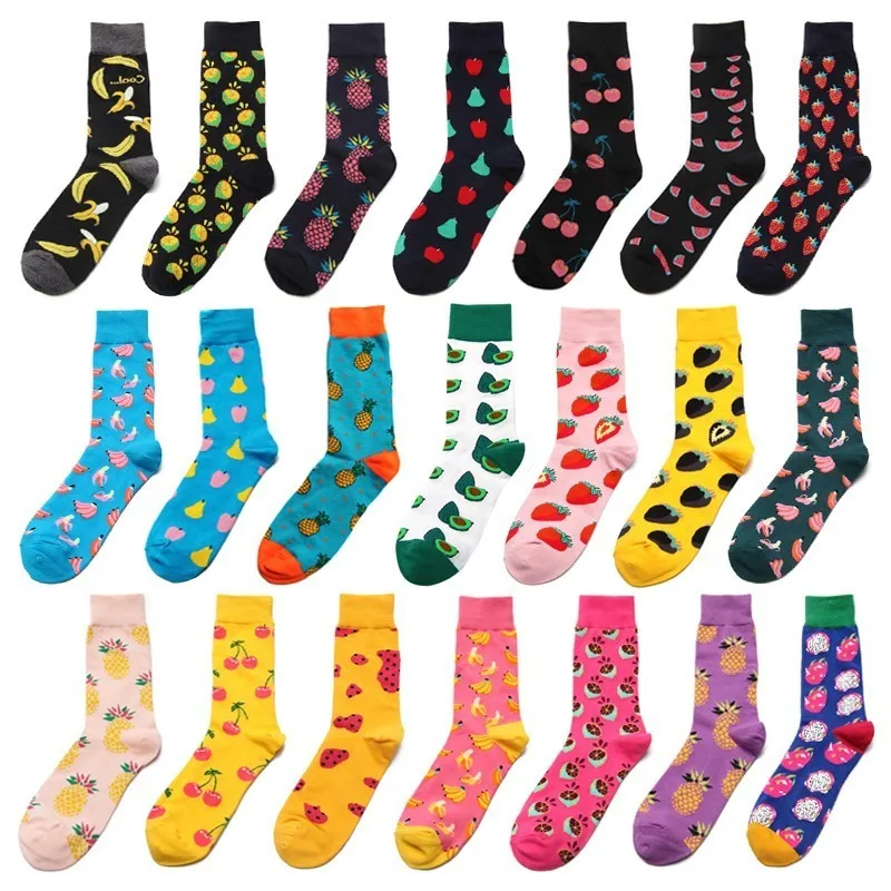 

PEONFLY Men Socks Cartoon Banana Lemon Cherry Pineapple Avocado Fruits Funny Colorful Happy Harajuku Male Hip Hop Cotton Socks