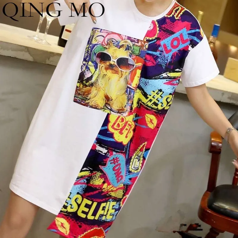 

QING MO Cat Print T Shirt Women Cartoon Dress 2019 Summer Black White Tees Tops Women Casuai Patchwork Mini Dresses Femme QF655