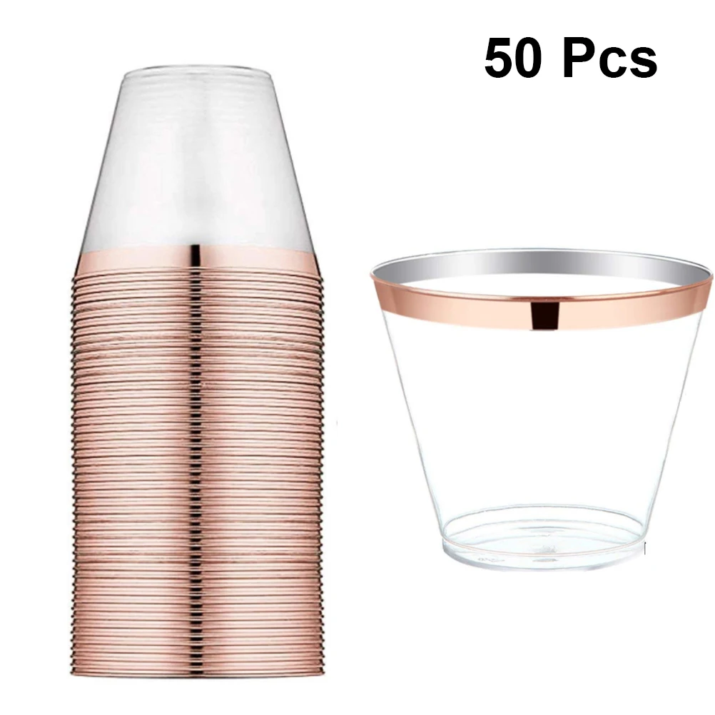 

50pcs/Pack Disposable Plastic Cups Rose Gold Rimmed 9oz Transparent Cups For Wedding Birthday Parties