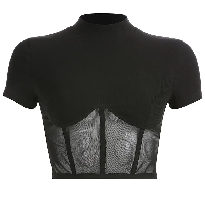 Women T-shirts Casual Sexy Elegant Gothic Black Slim Stand Collar Mesh Solid High Street OL Ladies Female Fashion Goth Tops