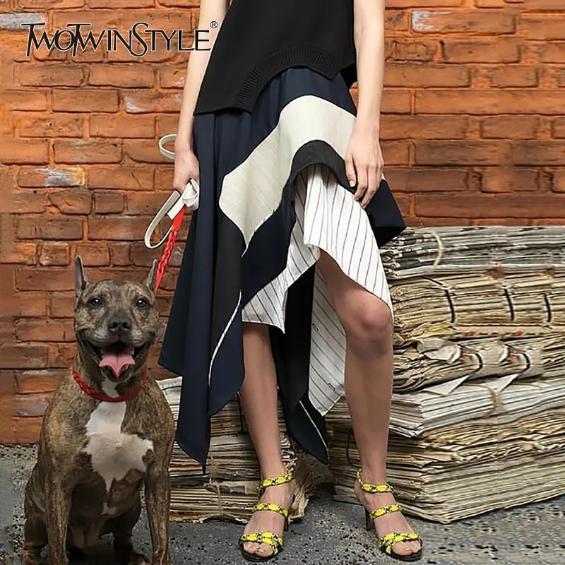 

TWOTWINSTYLE Spring Casual Irregular Skirt Women High Waist Striped Hit Color Midi Skirts Female 2019 Fashion Clothing New