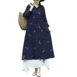 Винтажное женское осеннее жаккардовое длинное пальто с вышивкой, с v-образным вырезом и длинным рукавом, с карманом, Свободный кардиган