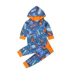 Повседневные топы с капюшоном и штаны для новорожденных мальчиков и девочек, комплект одежды, толстовка с капюшоном и надписью, длинные