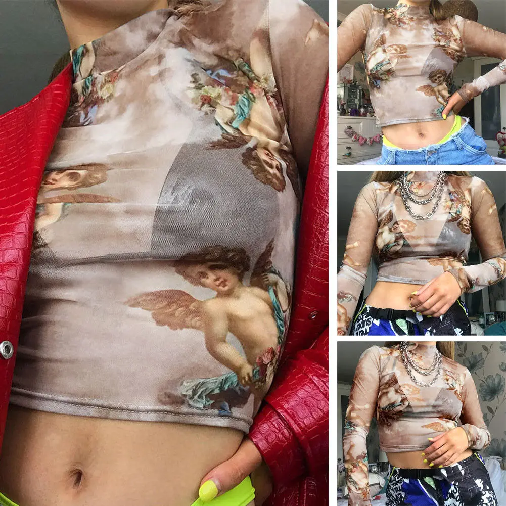 

Women Ladies Angel See Through Sheer Mesh Turtleneck Crop Top Short Sleeve Shirt Tops Blouse