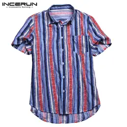 Летняя мужская рубашка в тропическую полоску с коротким рукавом, хлопковая пляжная рубашка, свободный воротник с лацканами, Hombre Camisa Masculina