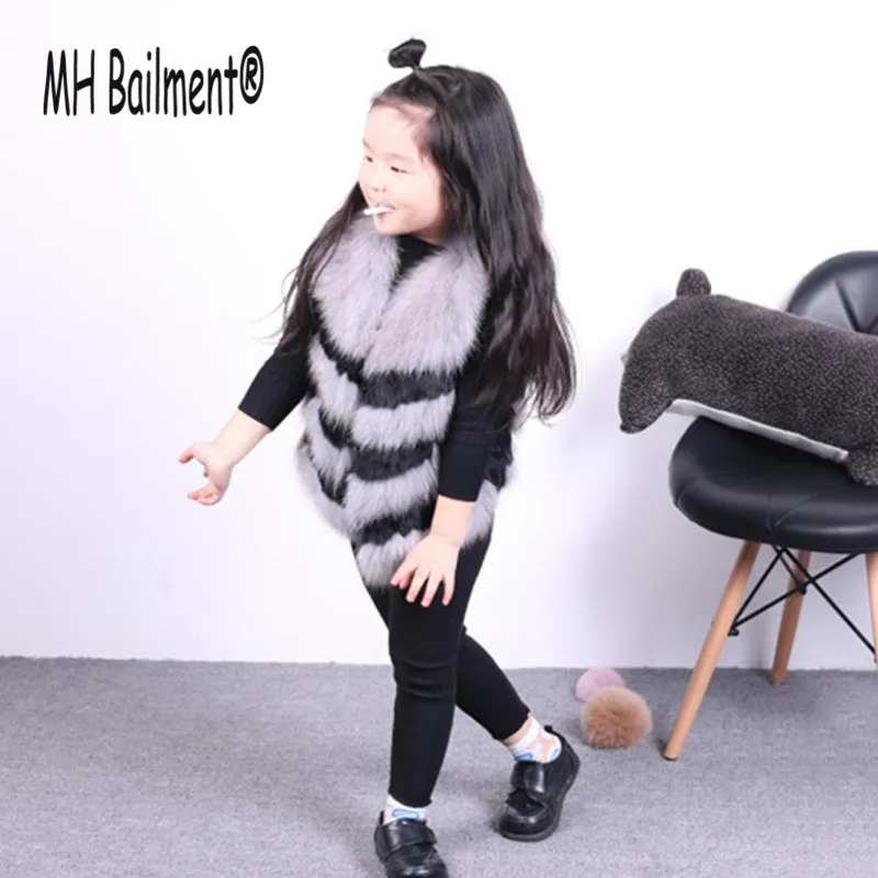 

Children Real Rabbit Fox Fur Vest Girls Autumn Winter Thick Warm Short Fur Clothing Vest Babys Solid V-Neck Striped Vests V#26