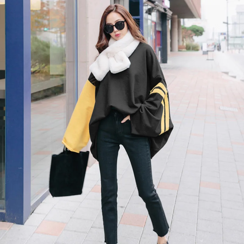 

[EWQ] 2019 Spring Autumn Fashion New Style Long Sleeve Round Collar Patchwork Pullovers Casual Loose Sweatshirt Women AC90901XL